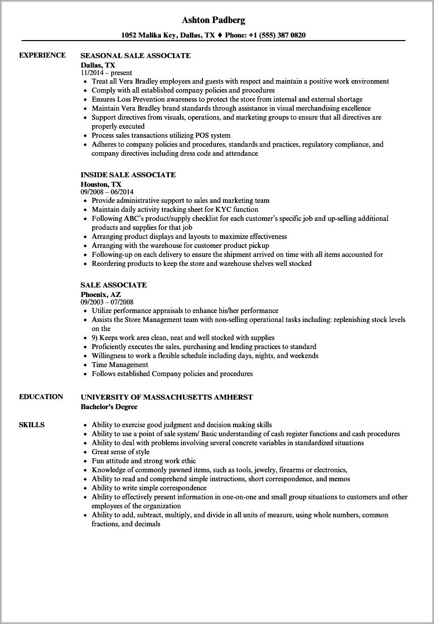 Sample Sales Associate Job Description Resume