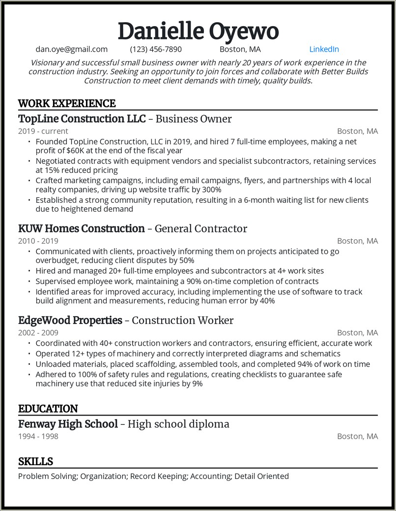 Sample Self Employed General Construction Resume