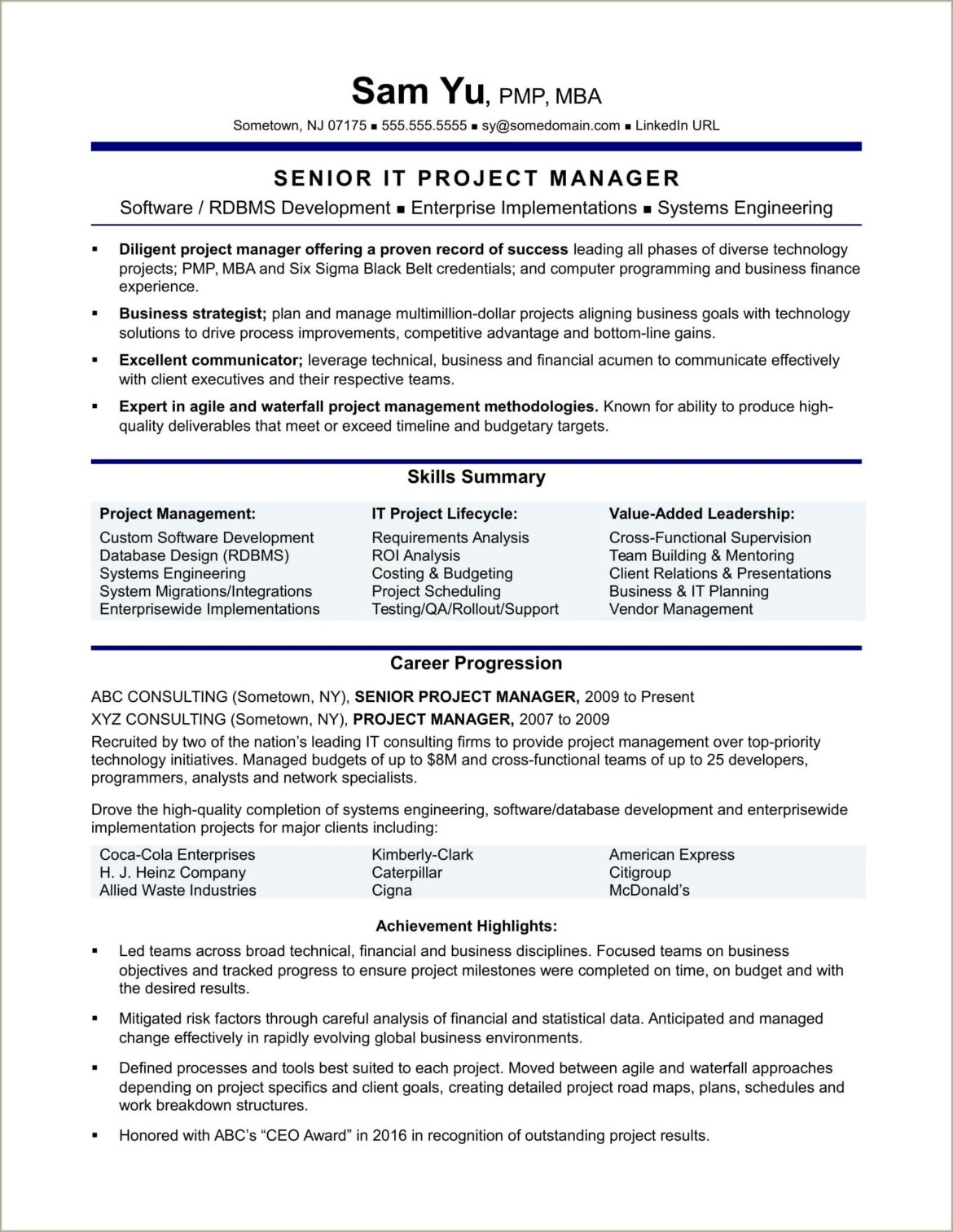 Sample Senior Manager Development Manager Resume