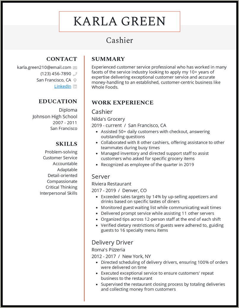 Sample Server And Cashier Clerk Resume