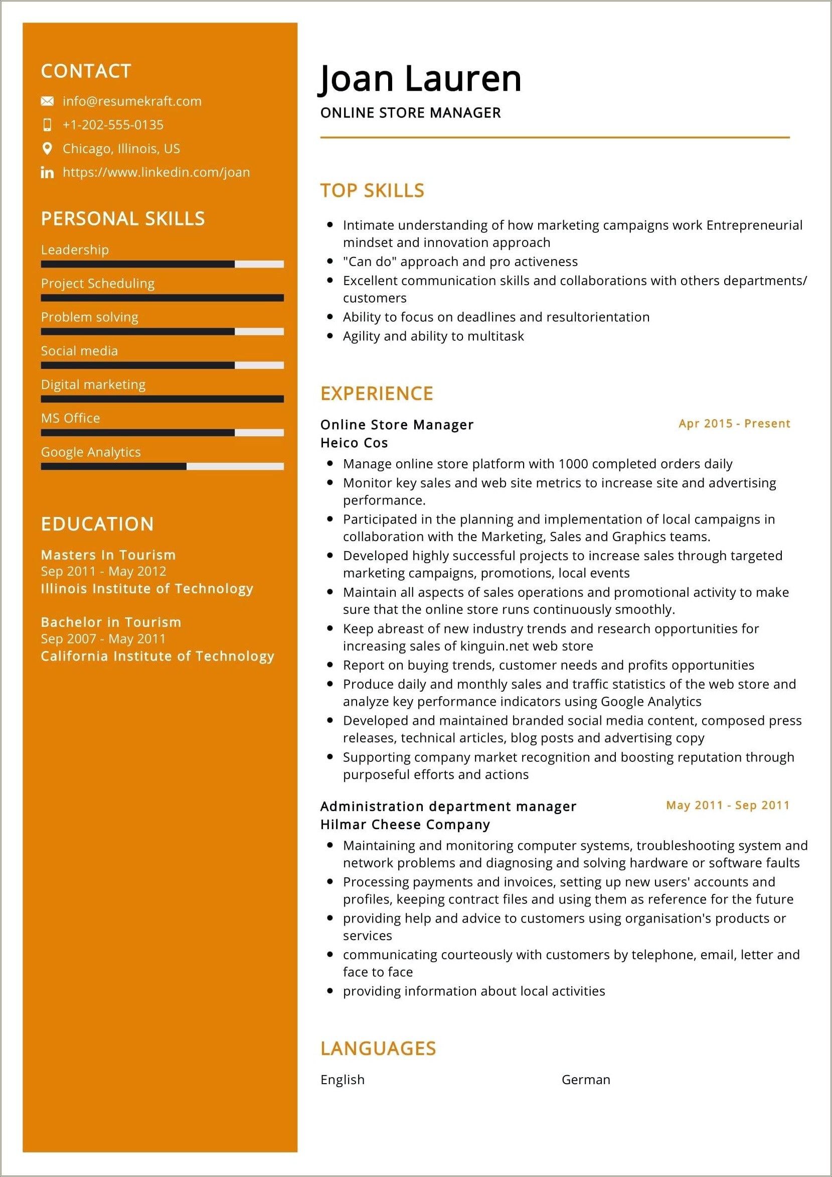 Sample Skill Resume For Retail Department Manager