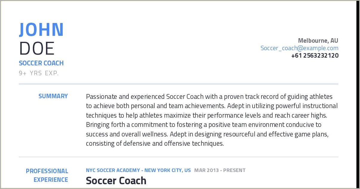 Sample Soccer Resume For College Coaches