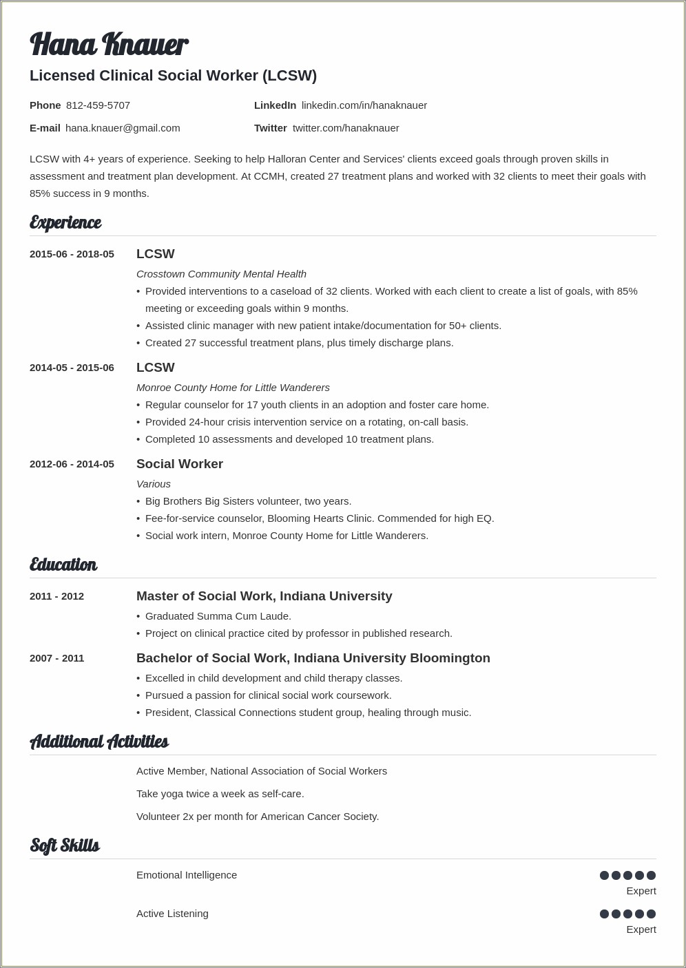 Sample Social Work Resume With Profile At Top