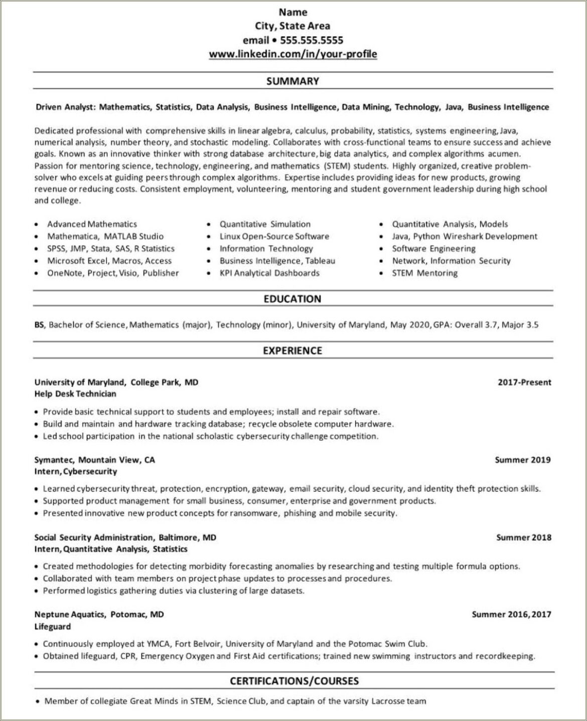 Sample Strong Resume For College Students