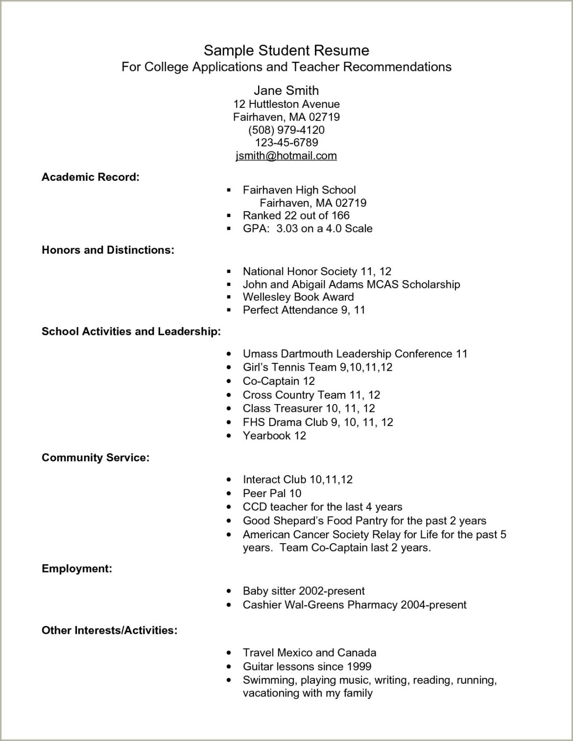 Sample Student Resume For College Application