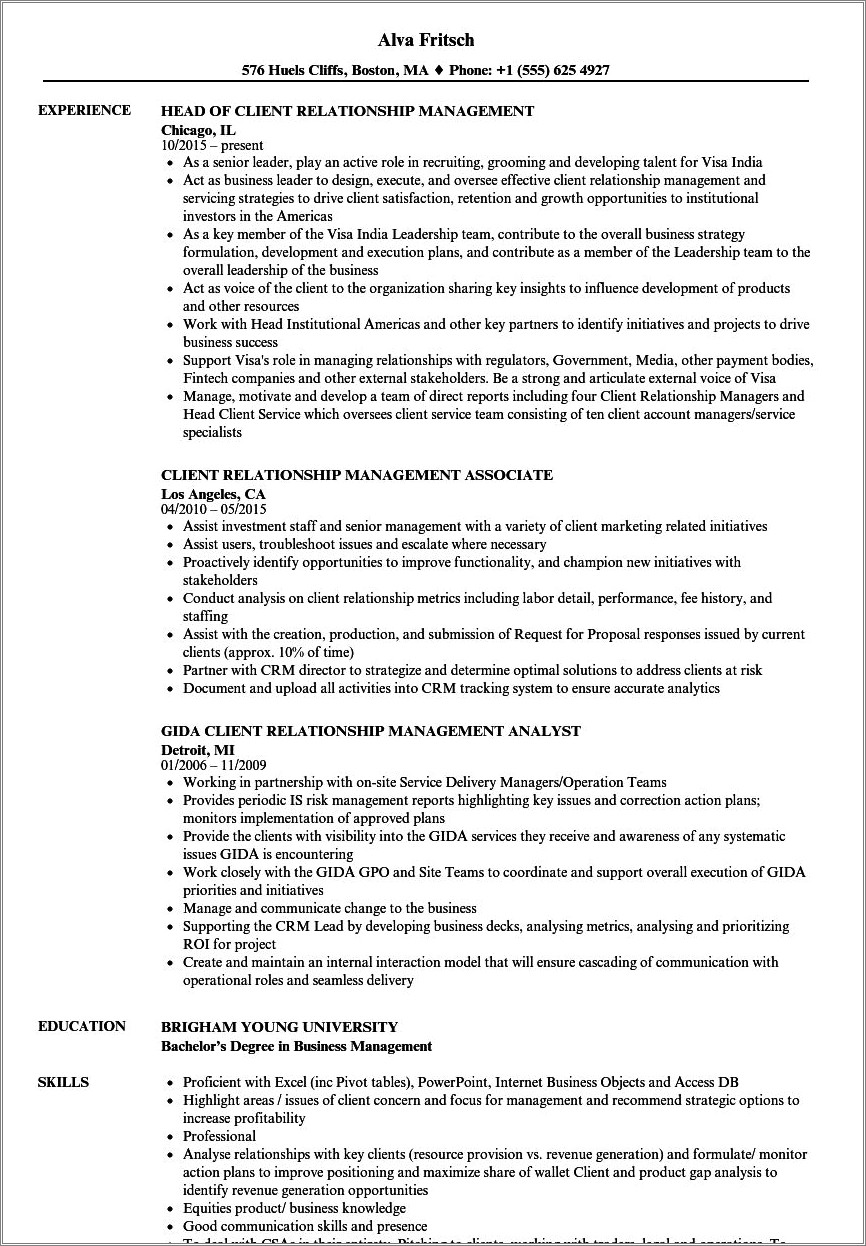 Sample Summary For Client Relations Manager Resume