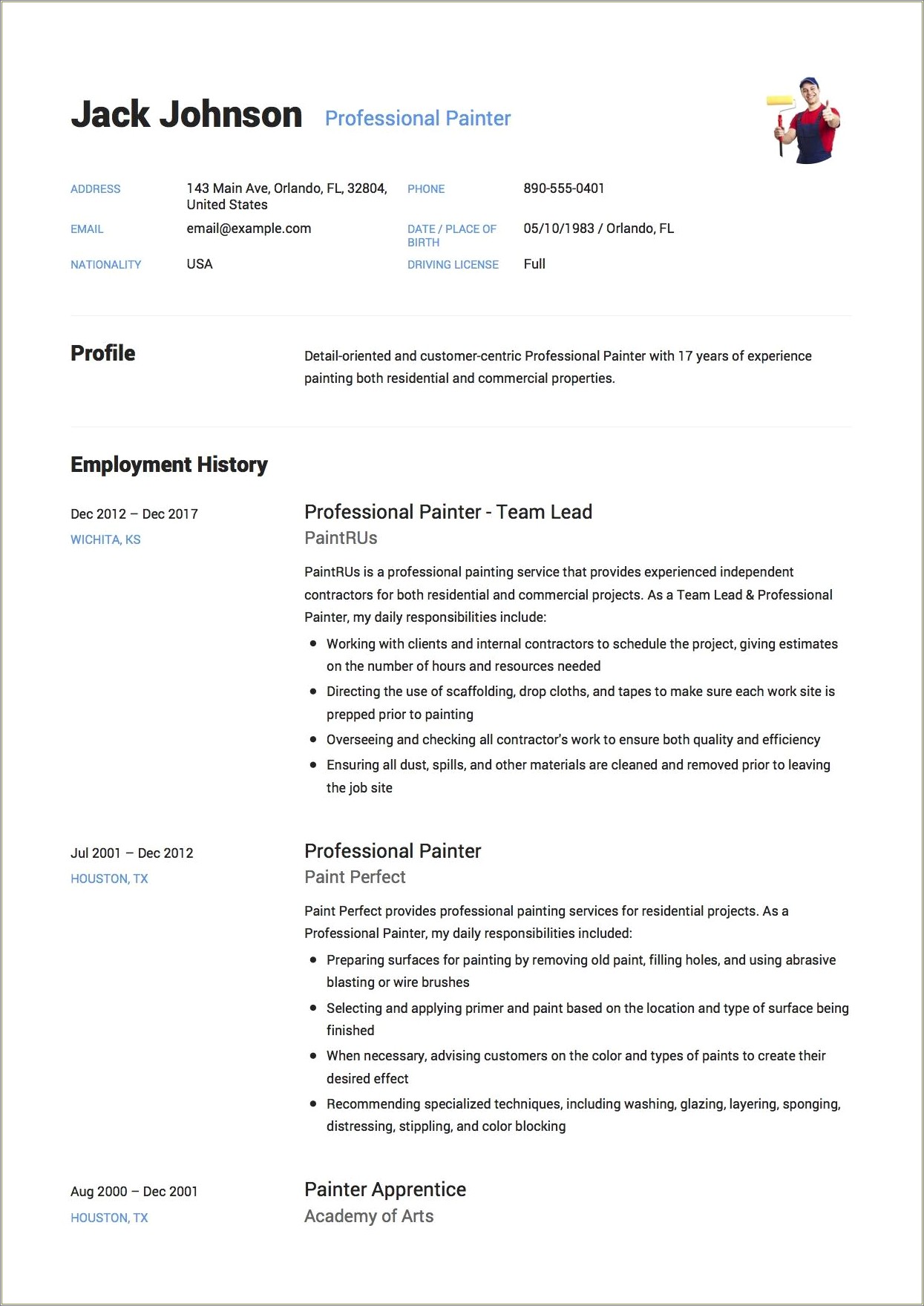Sample Summery Statement For A Paintere Resume