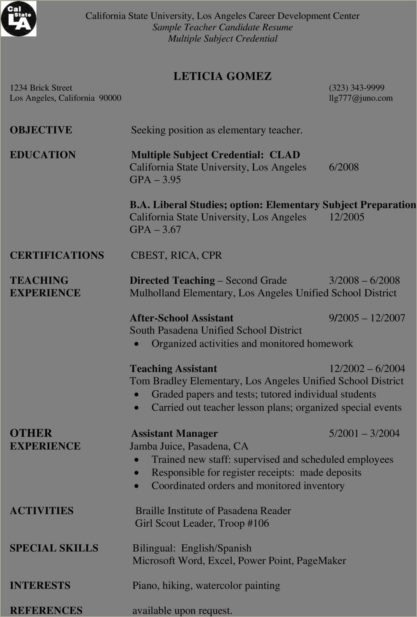 Sample Teacher Of The Year Resume