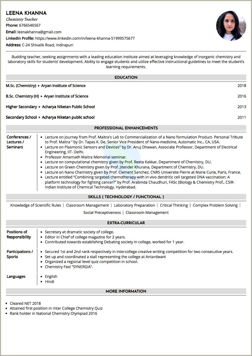Sample Teacher Resume With Experience In India