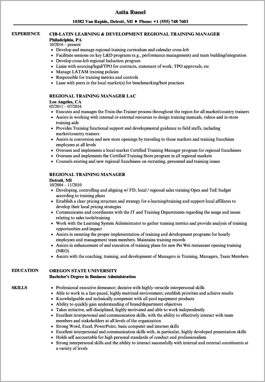 Sample Template For Training Manager Resume