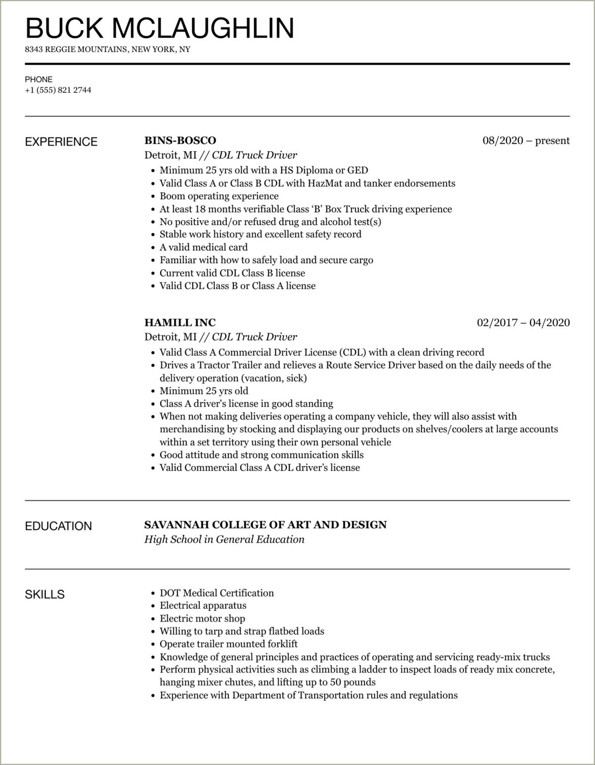 Sample Template Of Truck Driver Resume