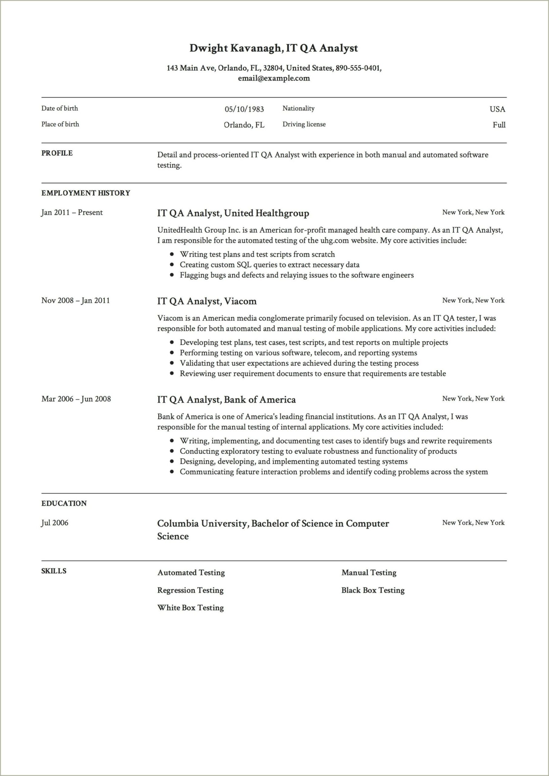 Sample Test Analyst Resume With Retail Experience
