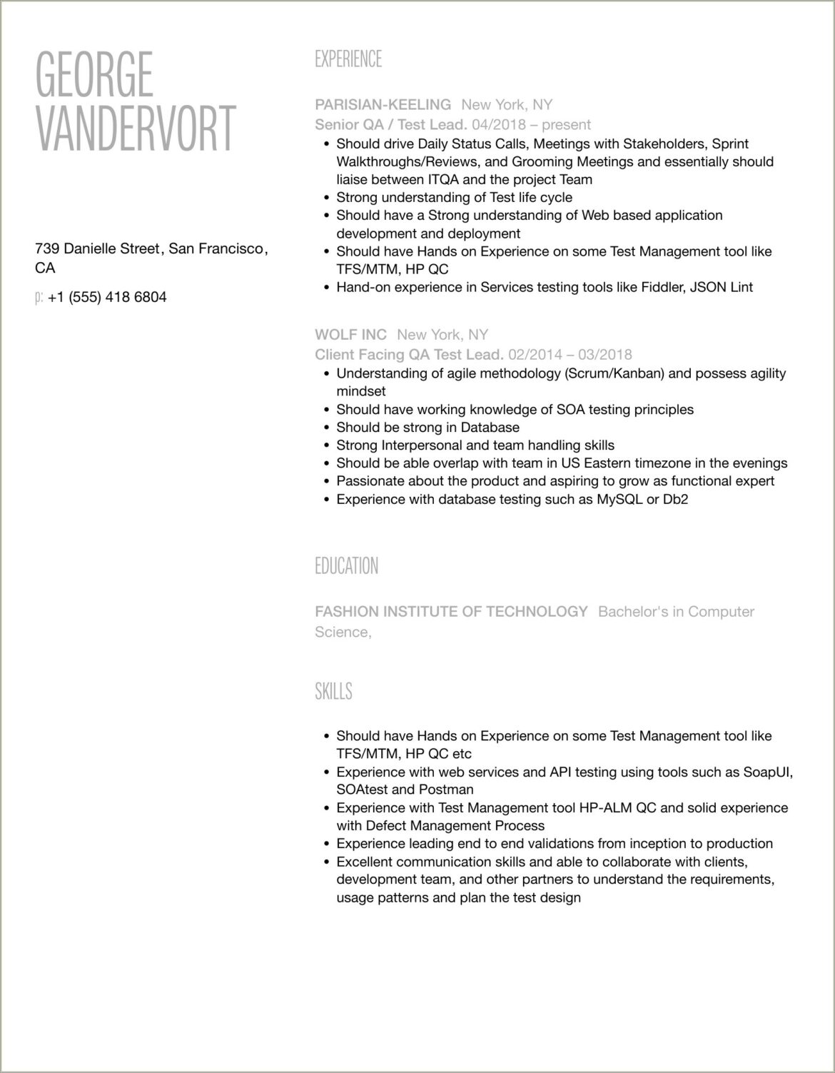Sample Test Lead Resume In Usa Format