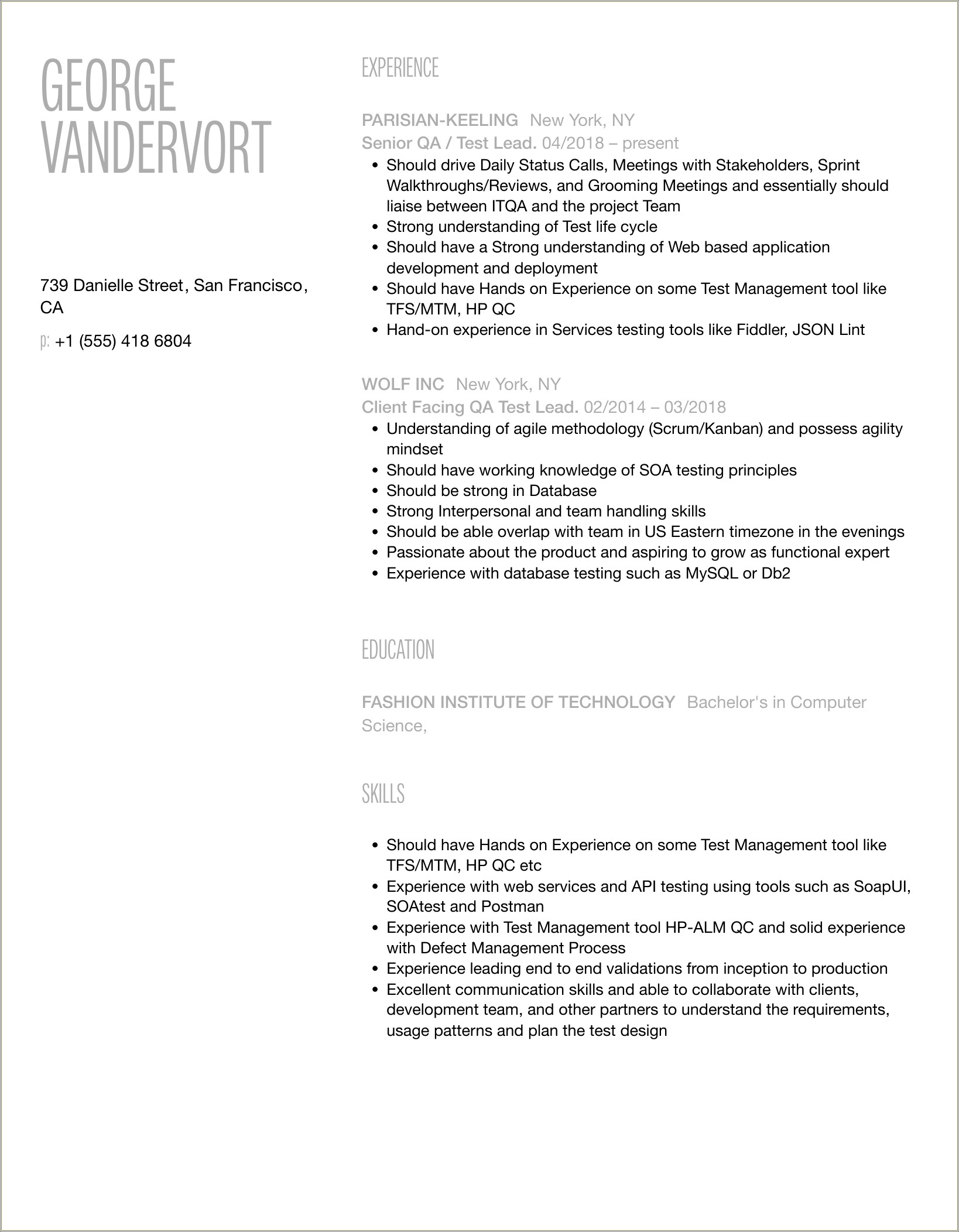 Sample Test Lead Resume In Usa Format