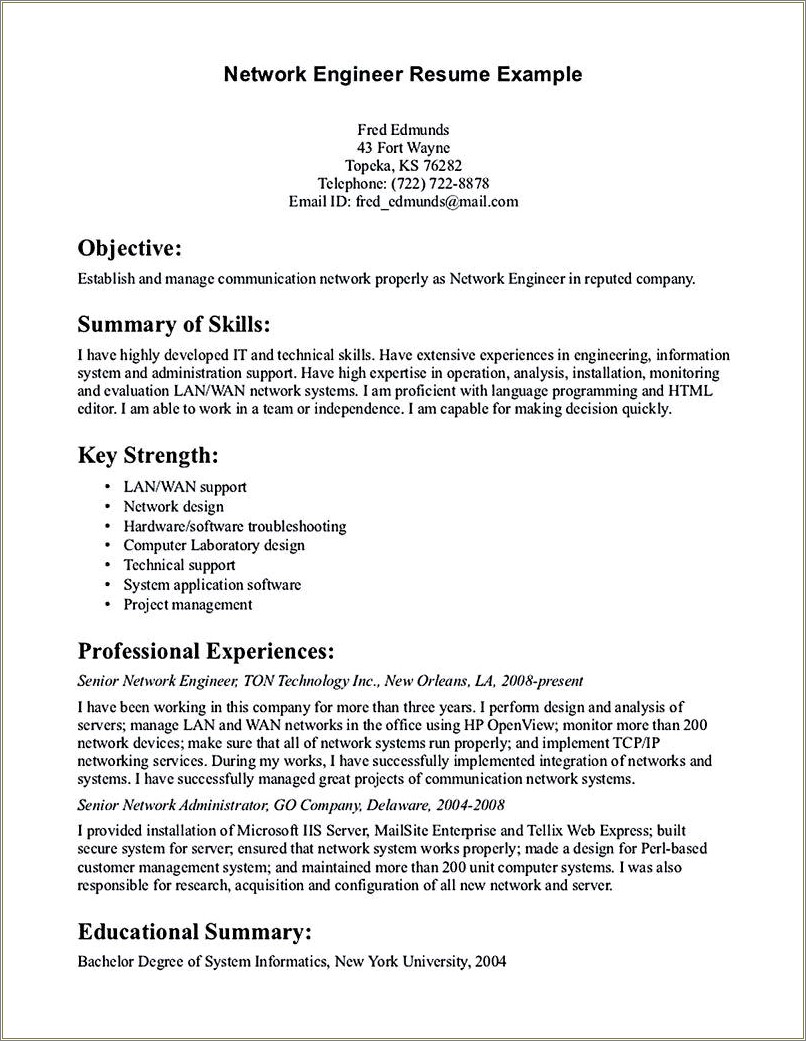 Sample Vp Of Network Engineeing Resume