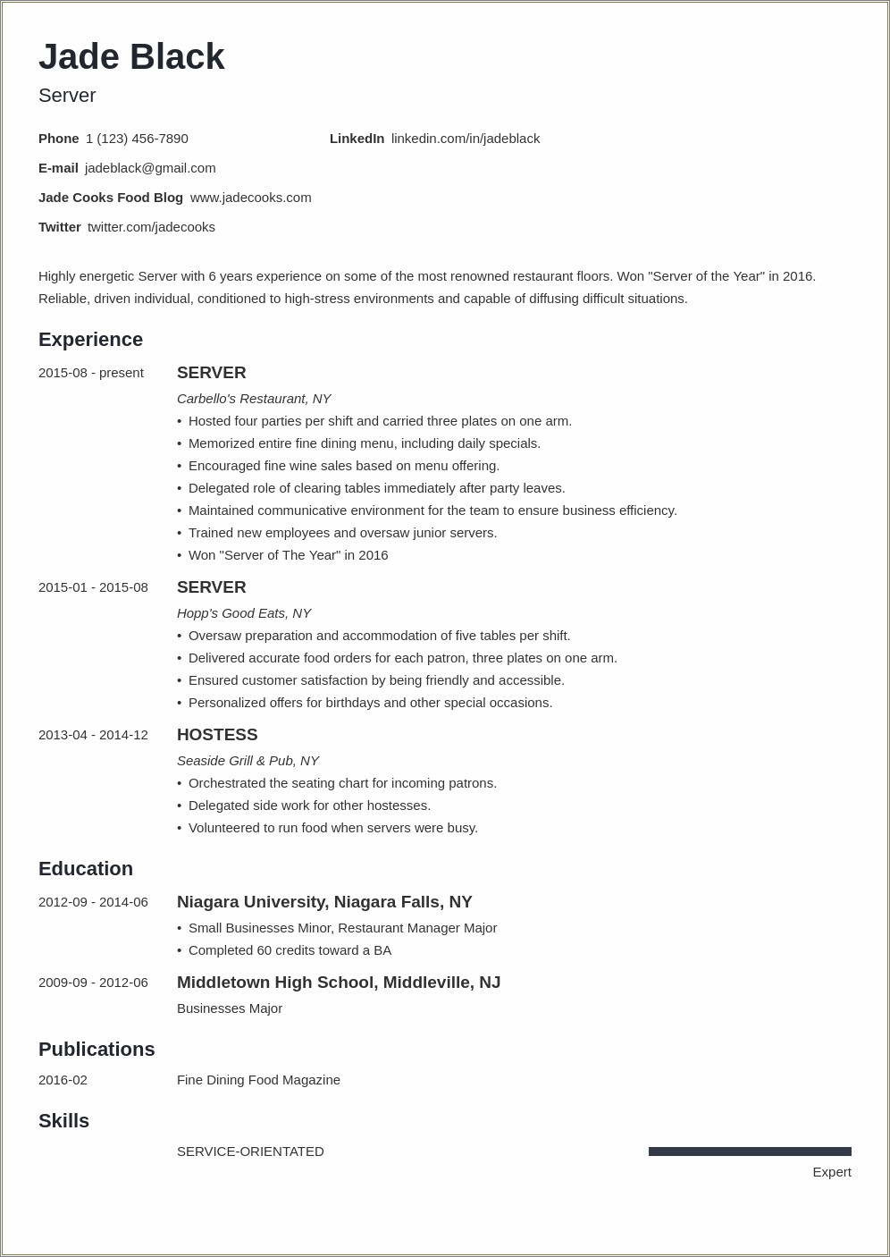 Sample Waitress Job Description For Resume