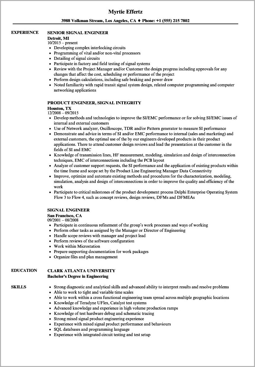 Sample Work Experience Resume Signal Integrity