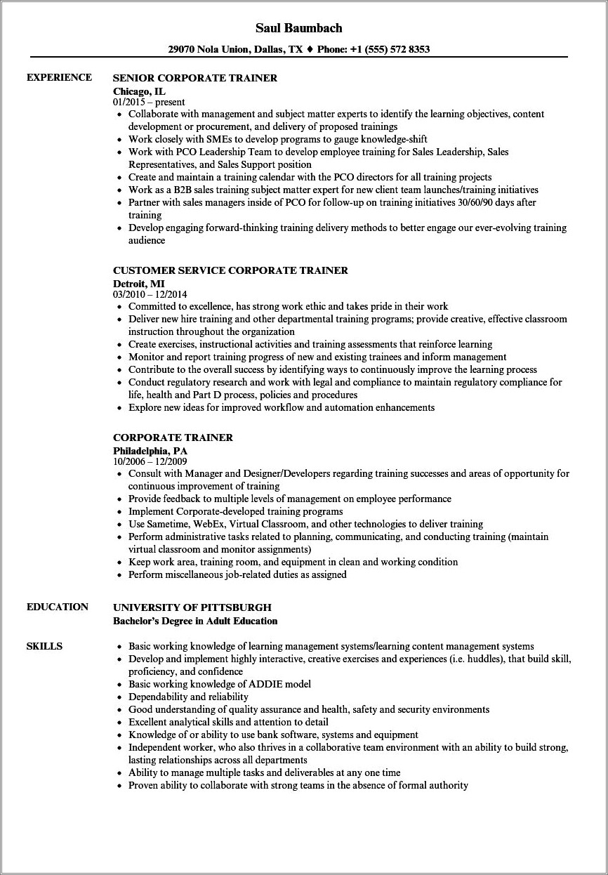 Samples Of A Coorporate Trainee Resume