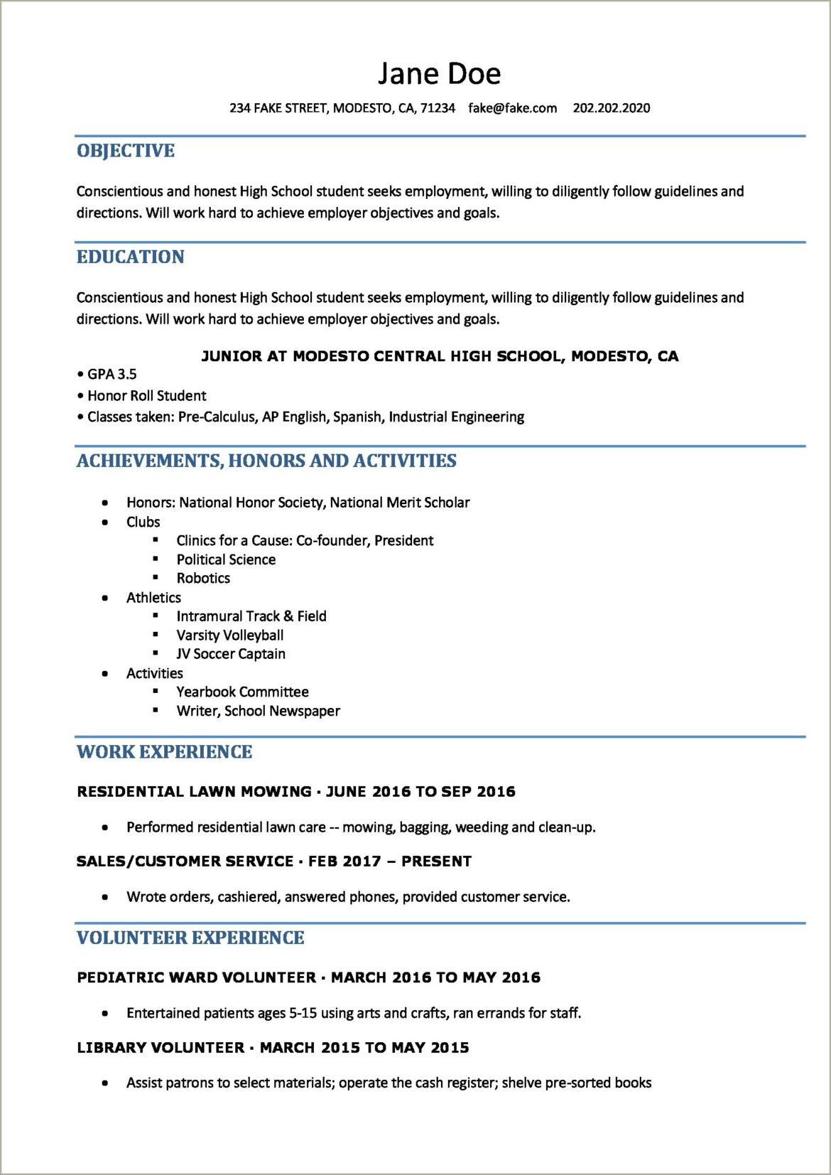 Samples Of A High School Resume