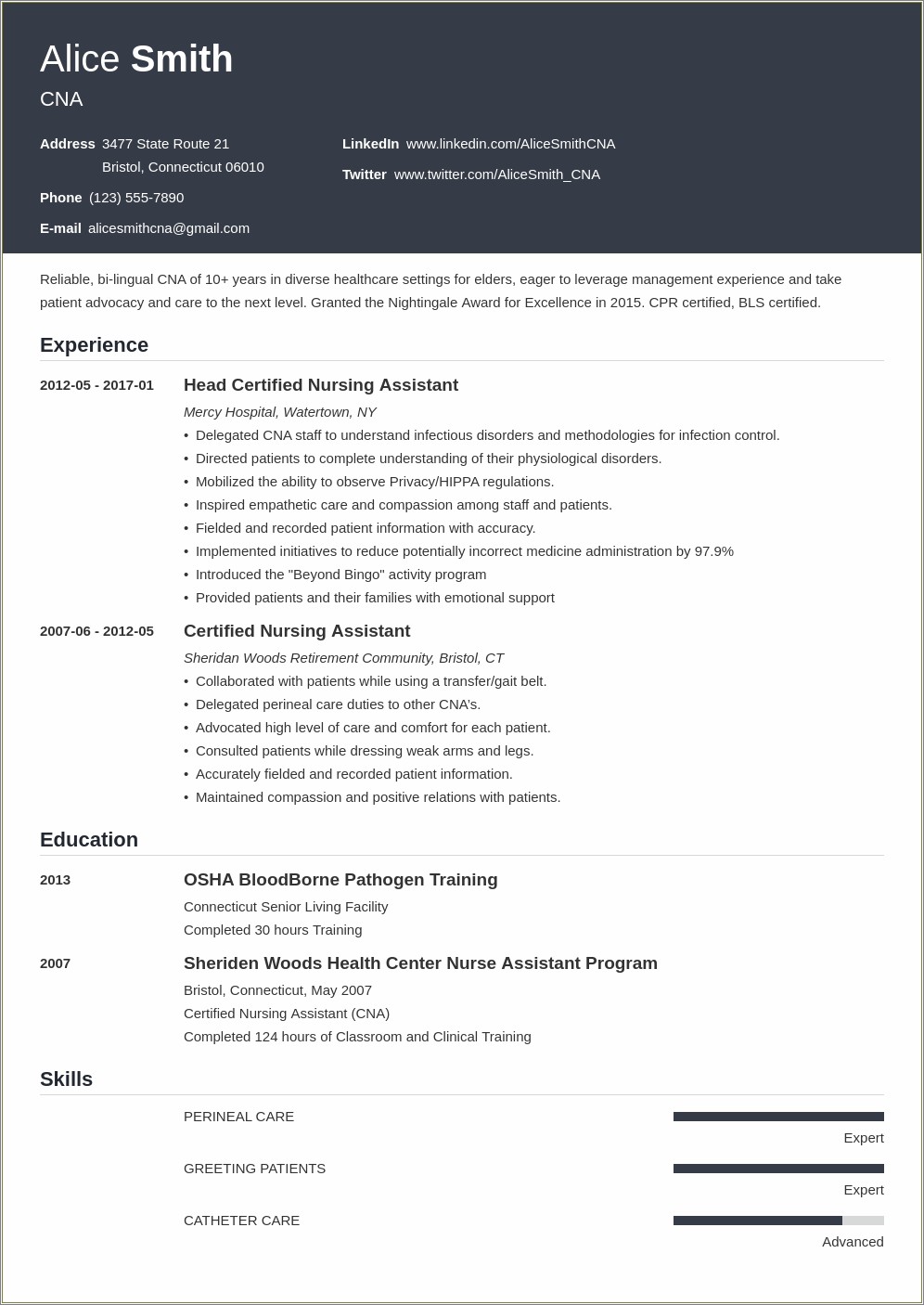 Samples Of Cna Resume With Experience