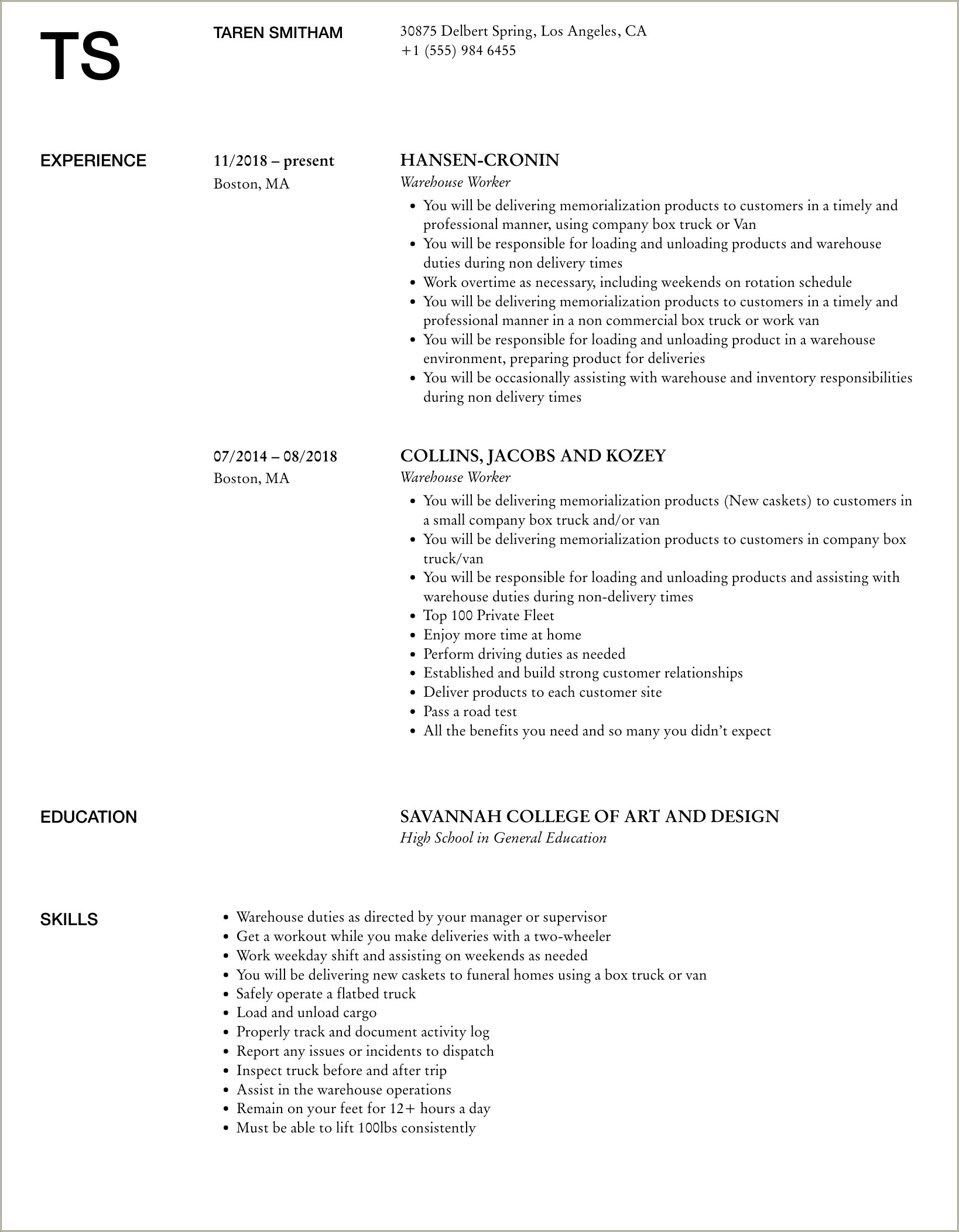 Samples Of Combination Resumes For Warehouse Production Positions
