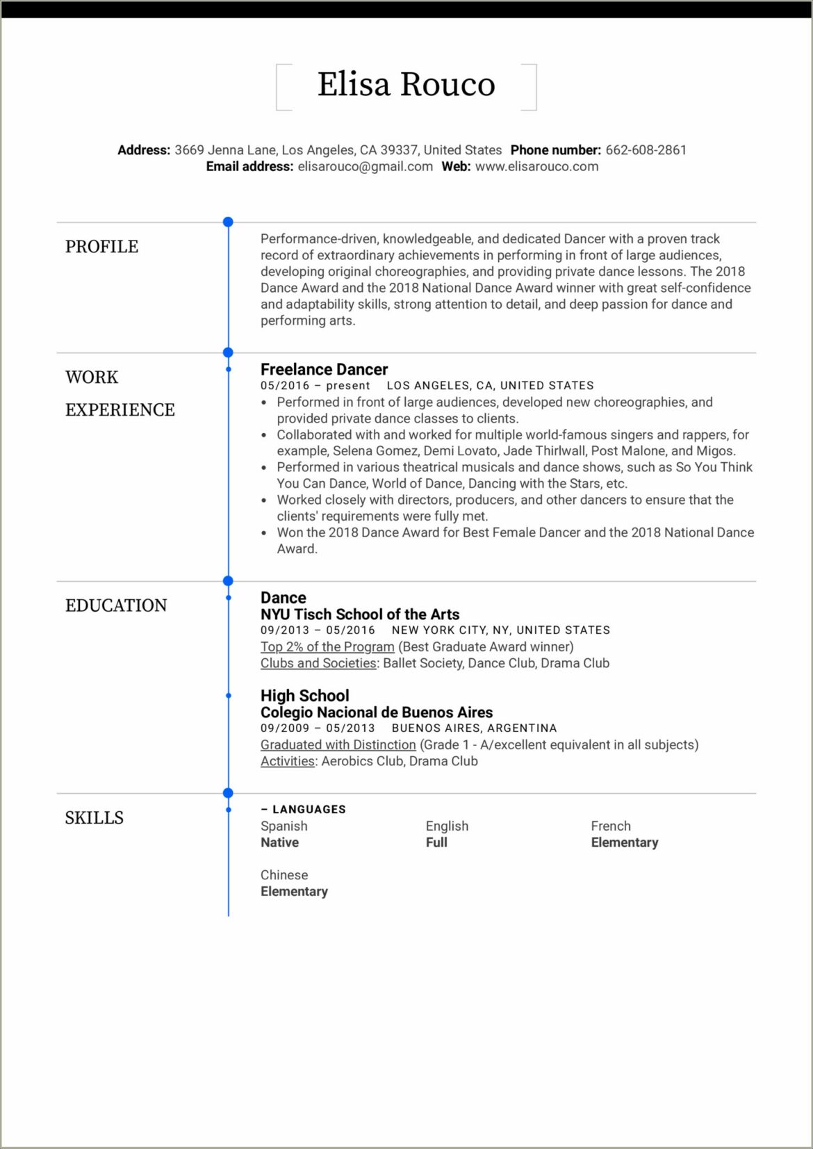 Samples Of Dance Resume For High School Student