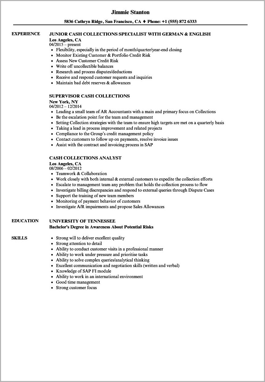 Samples Of Driving Resume With Cash Collection