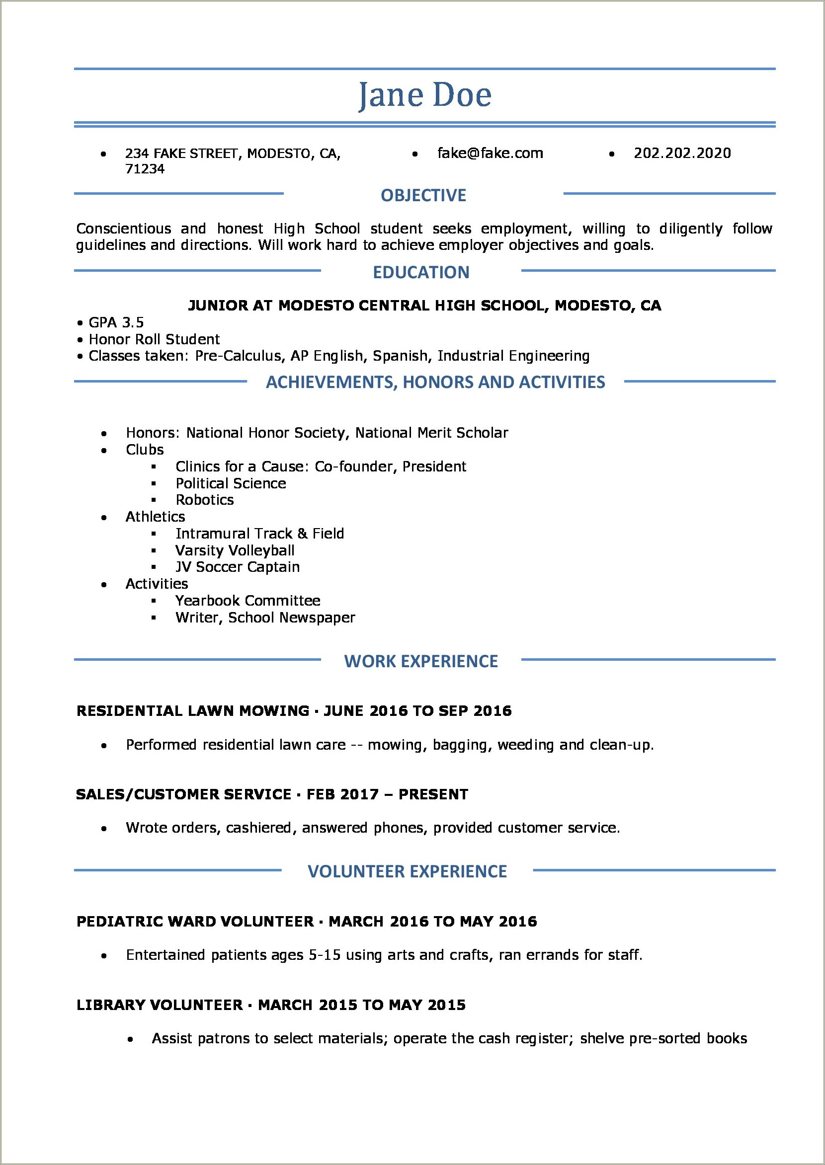 Samples Of High School Student Resumes For College