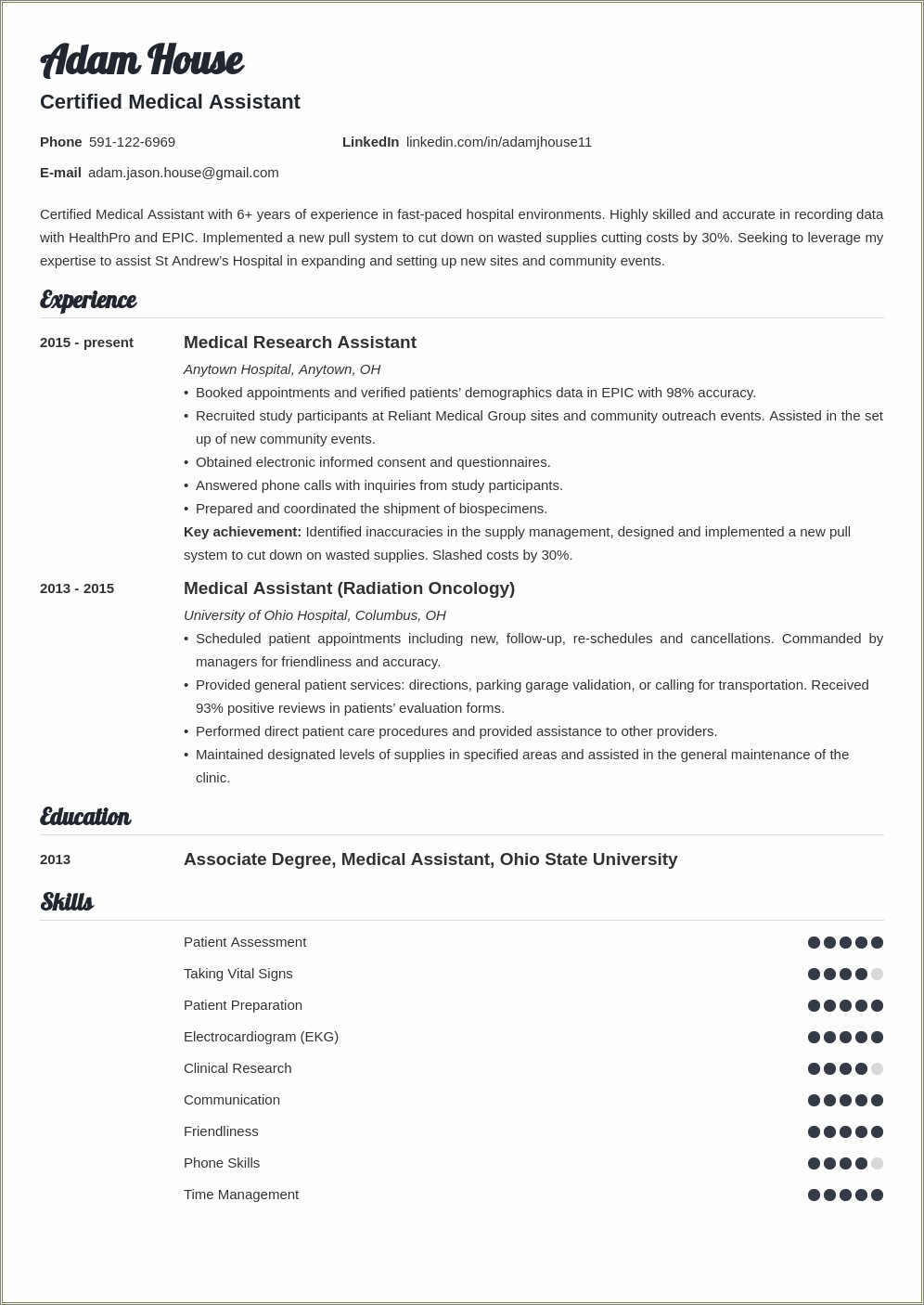 Samples Of Occupational Therapy Assistant Resume