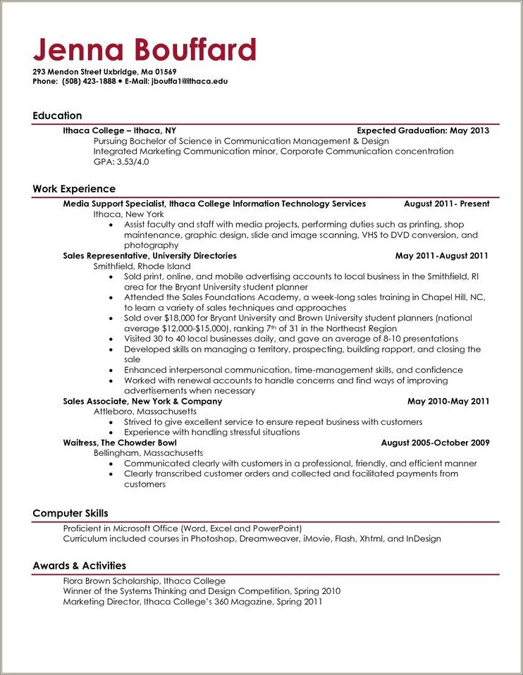 Samples Of Resume For College Student