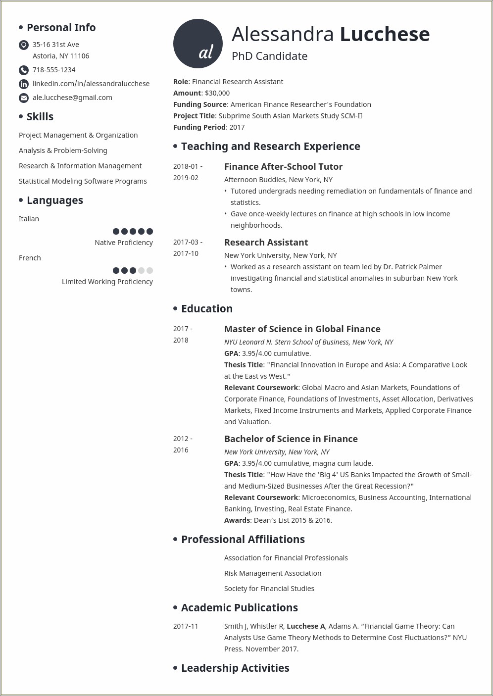 Samples Of Resume For Graduate School Admission