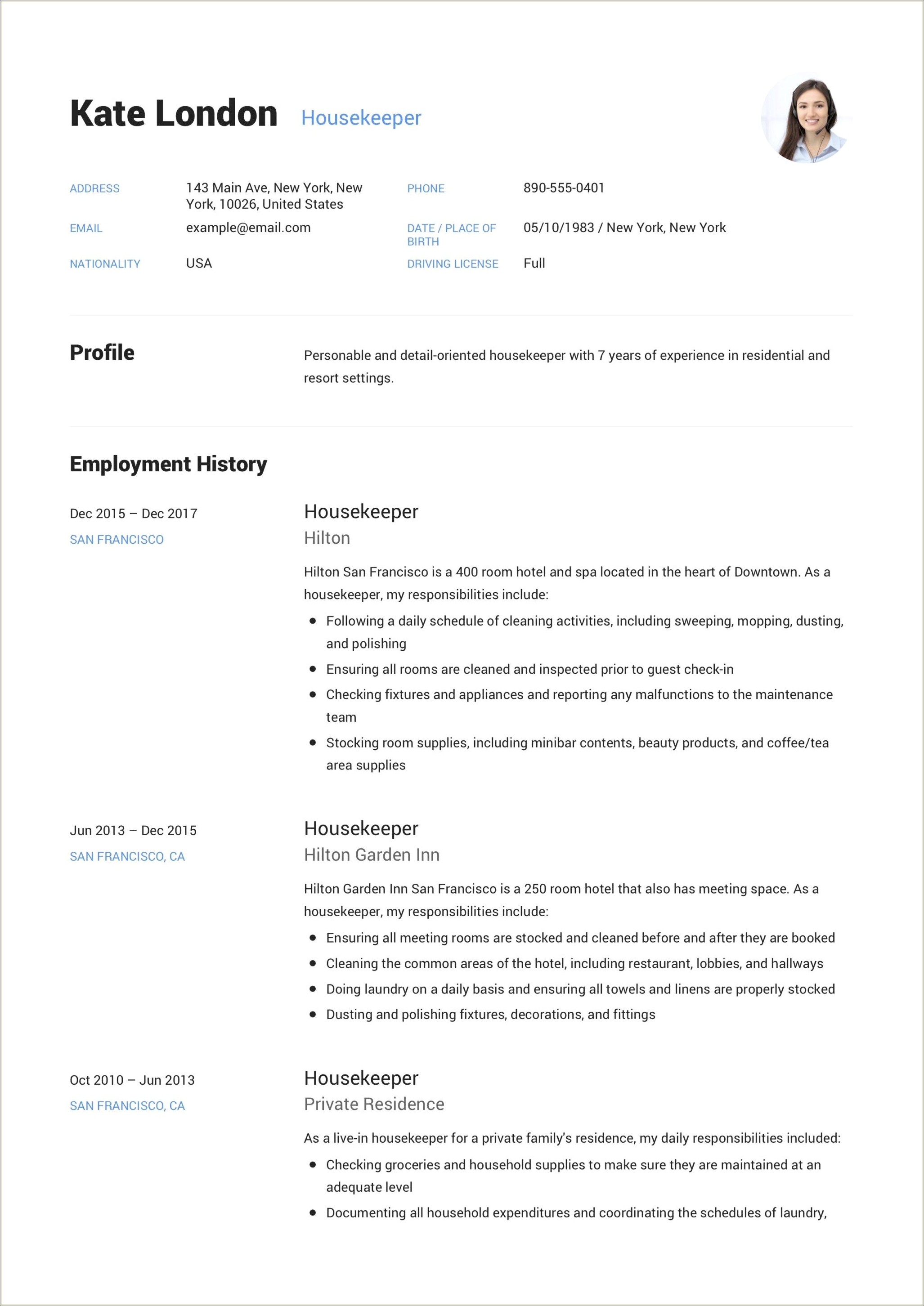 Samples Of Resume For Housekeeping Samples