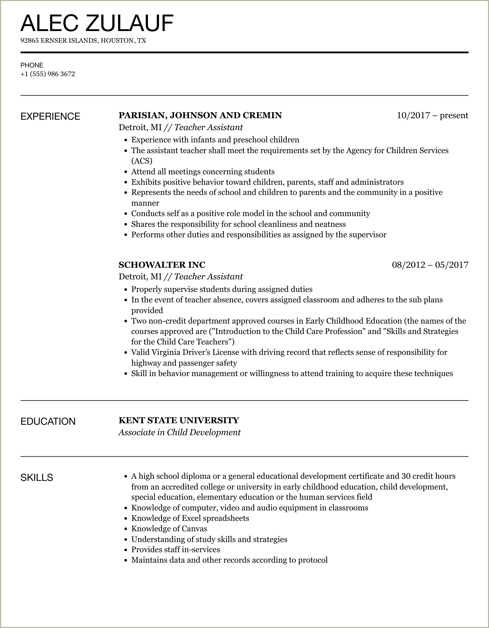 Samples Of Resume For Teacher Assistant