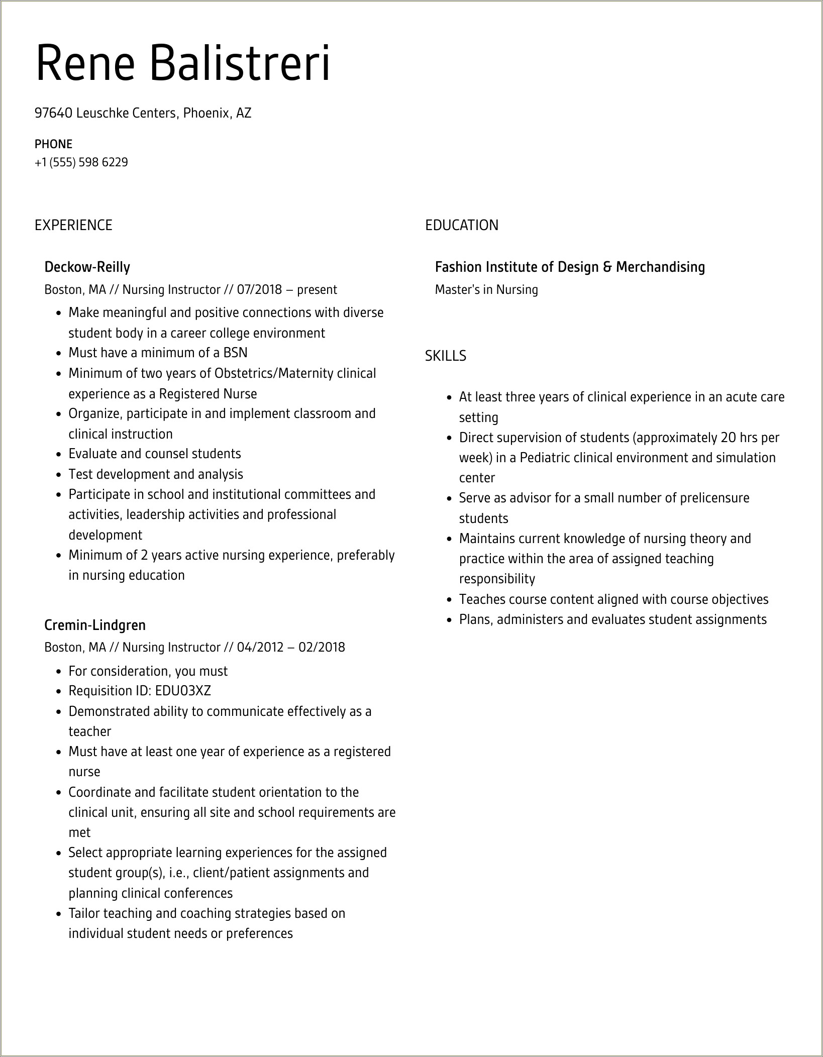 Samples Of Resume Objective For Nursing Instructo