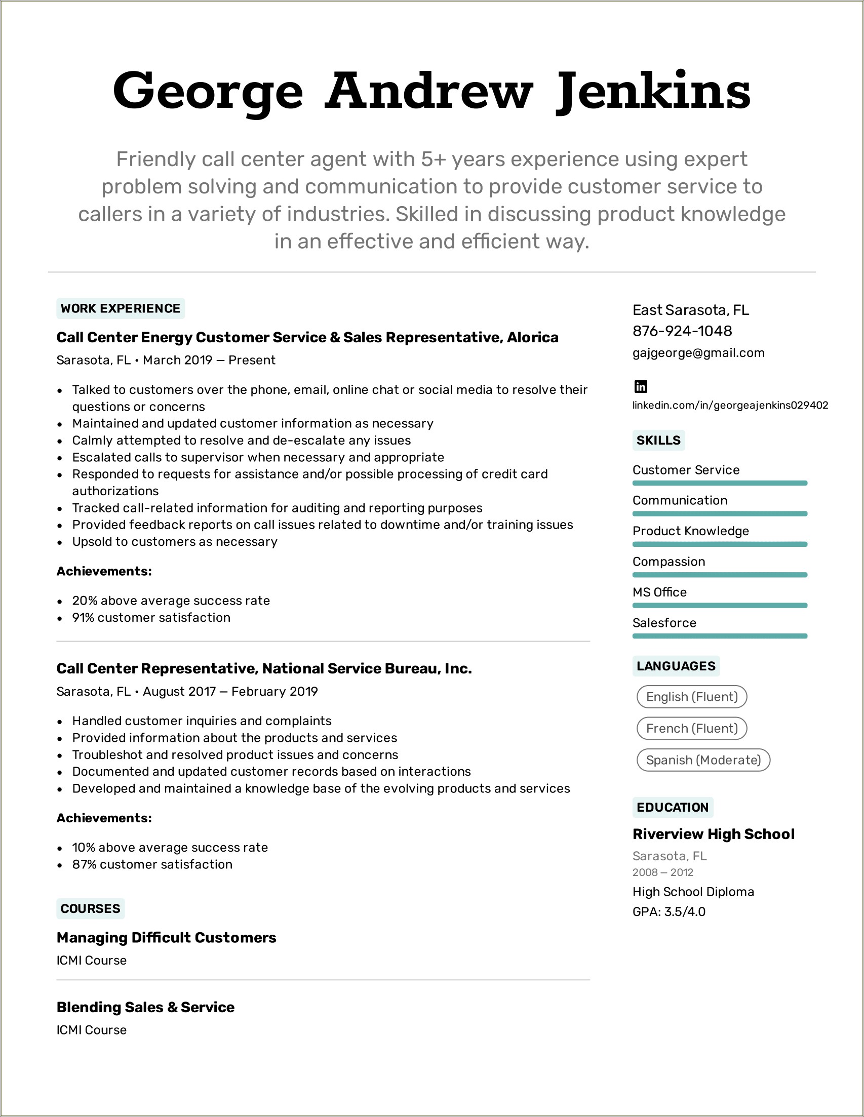 Samples Of Resumes For Call Center Customer Service