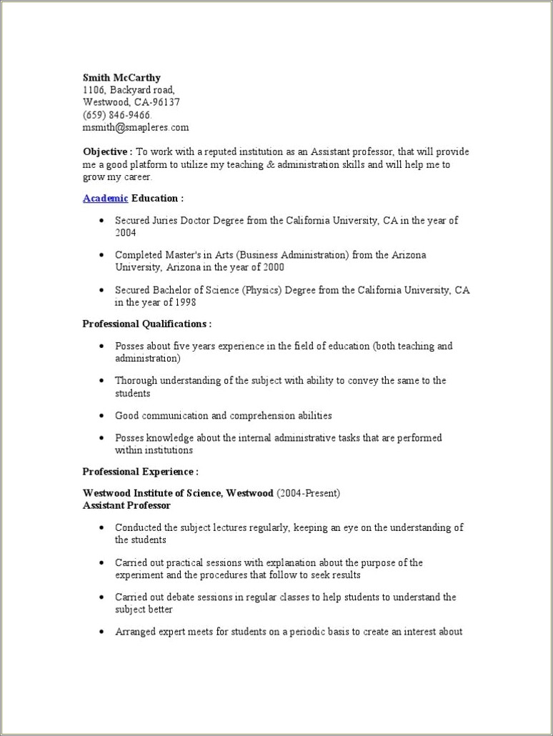 Samples Of Resumes For College Professors