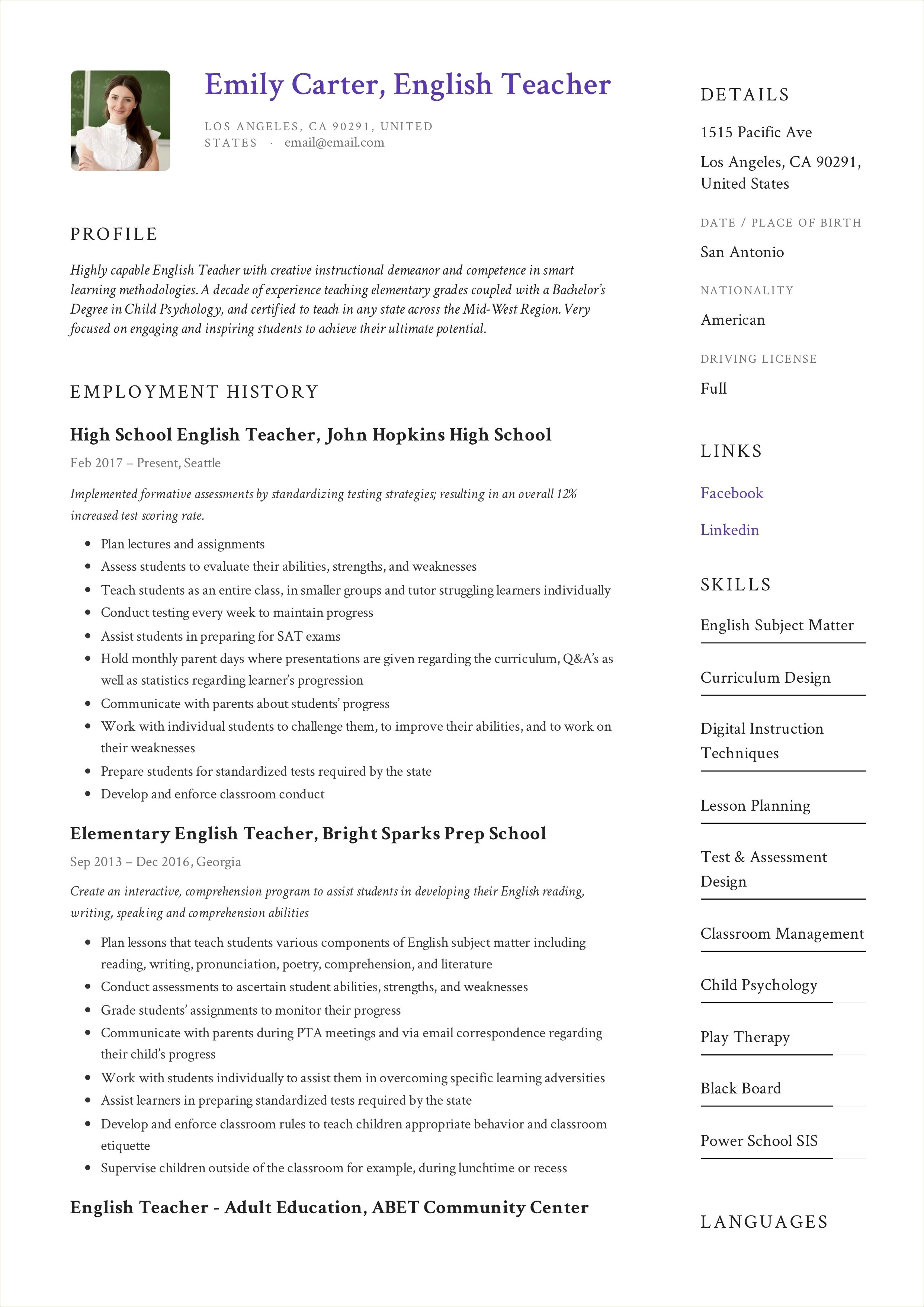 Samples Of Resumes For English Teachers