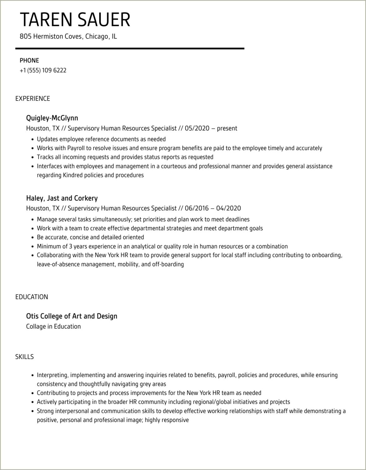 Samples Of Supervisory Human Specialist Resume