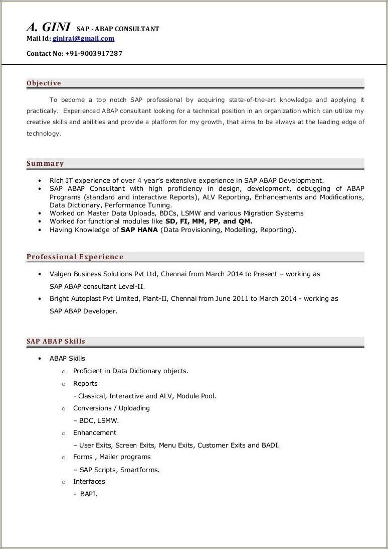 Sap Abap Sample Resume For 4 Years Experience