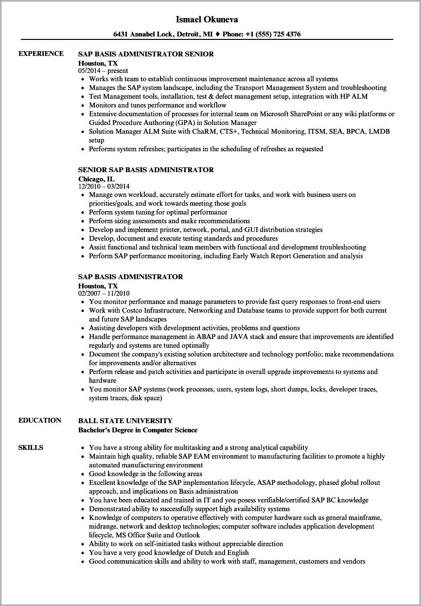 Sap Basis Consultant Resume 3 Years Experience