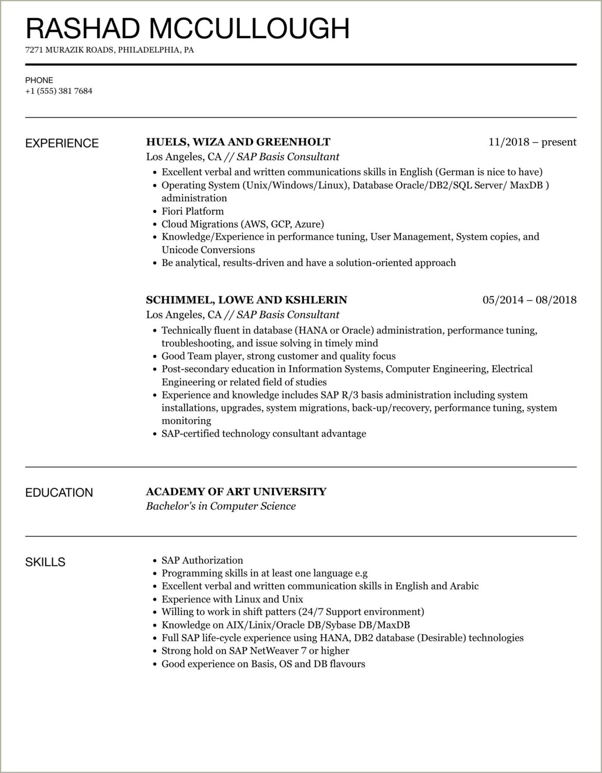 Sap Basis Resume 5 Years Experience