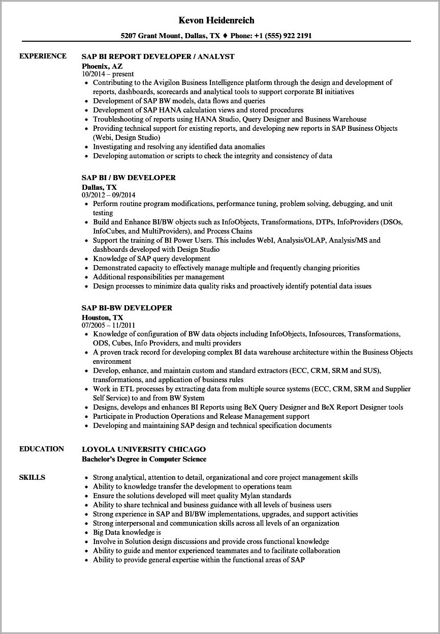 Sap Bi Bw Resume 3+ Years Of Experience