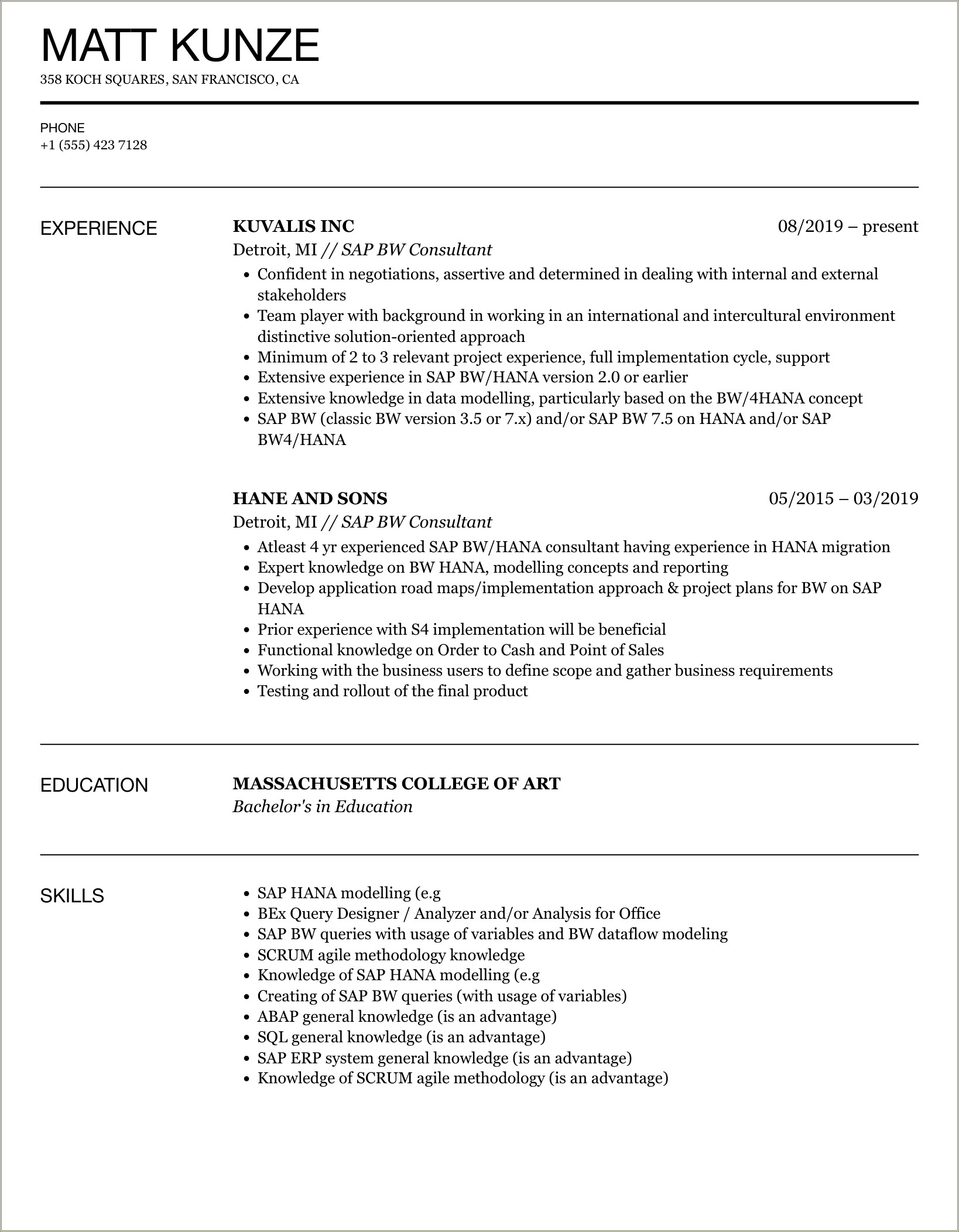 Sap Bw 2 Years Experience Resume