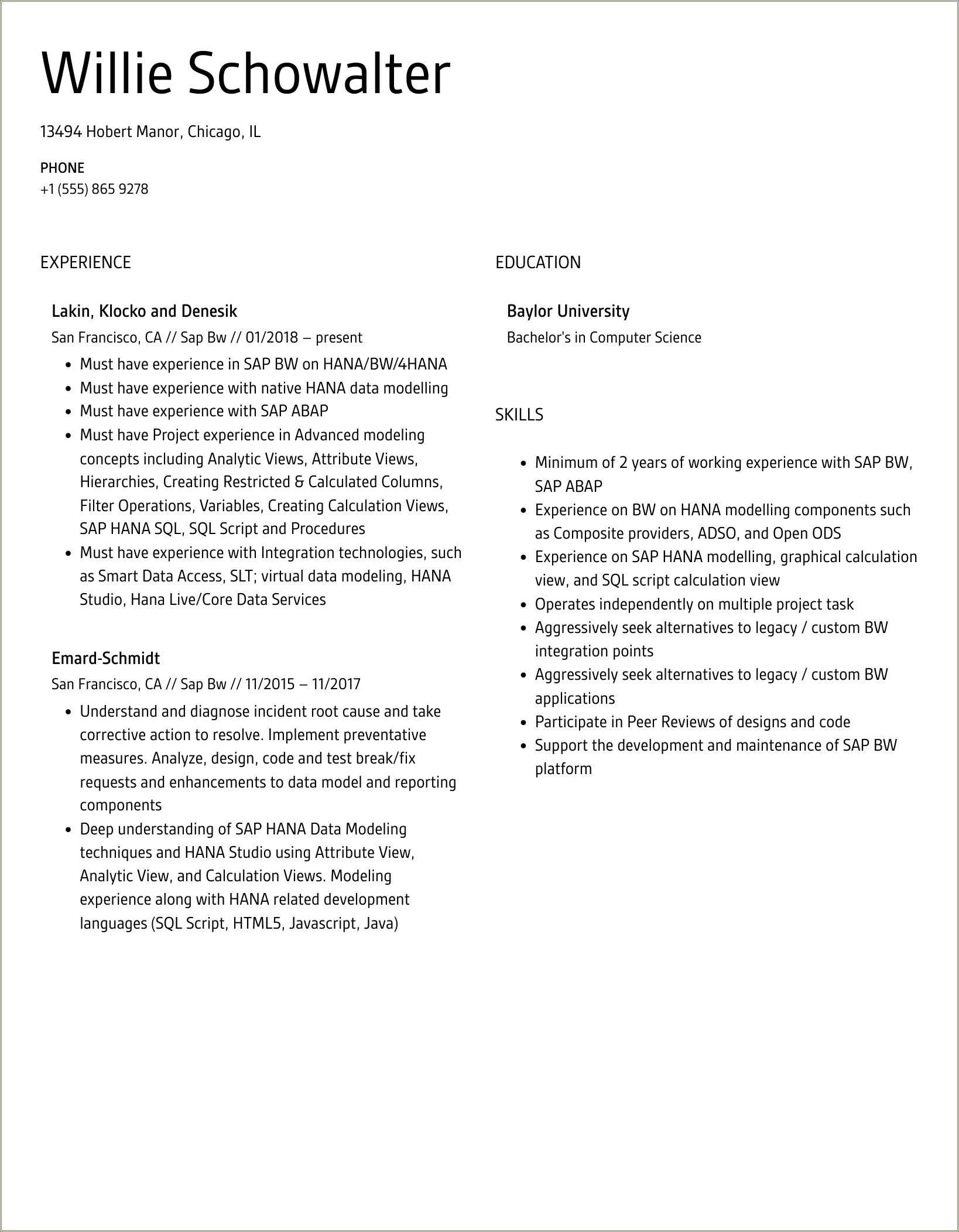 Sap Bw Resume 5 Years Experience