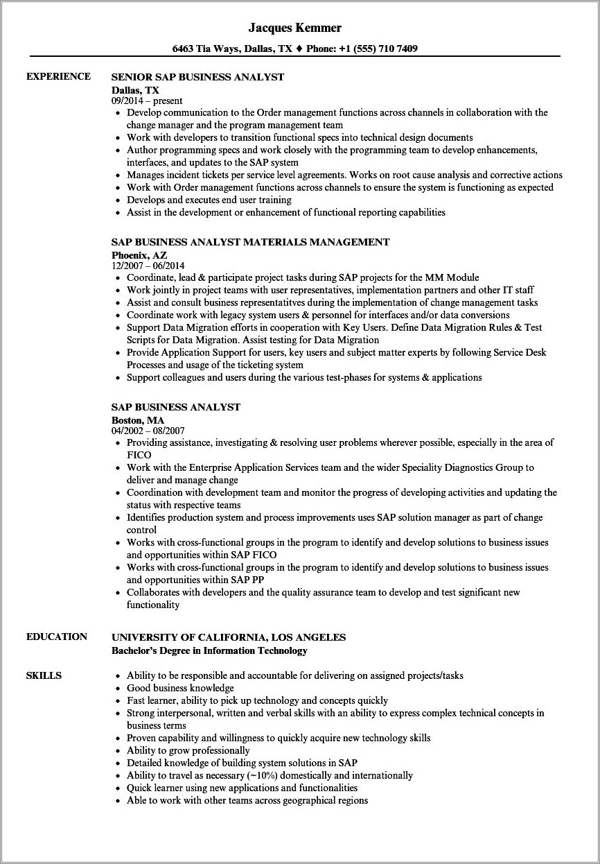 Sap Fico Business Analyst Resume Sample