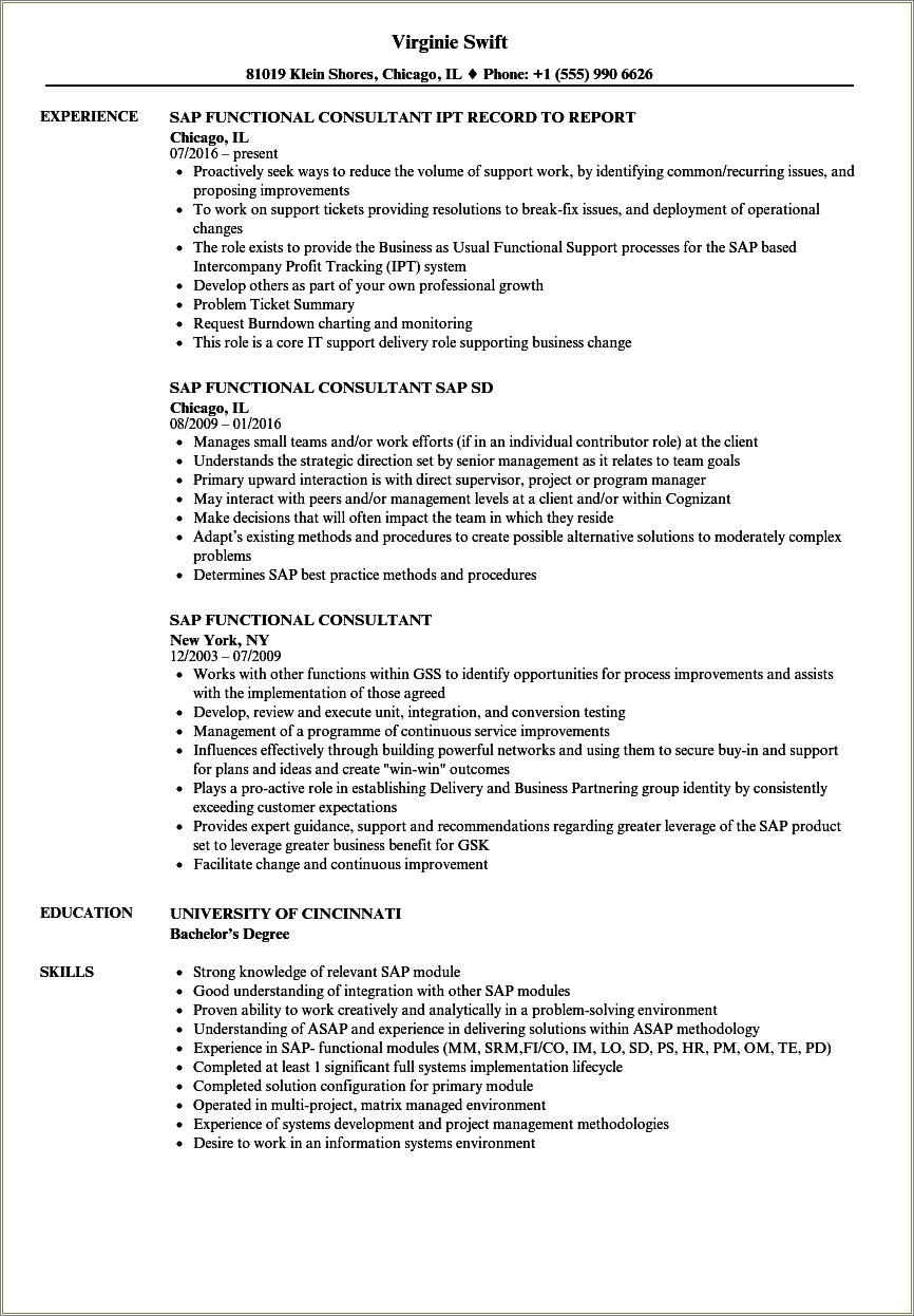 Sap Functional Consultant Resume Cover Letter