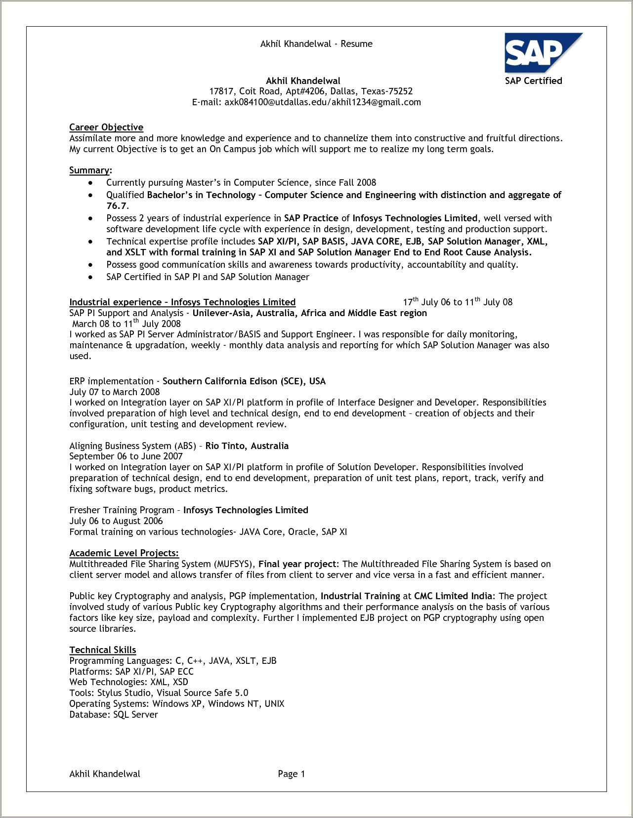 Sap Mm 1 Year Experience Resume