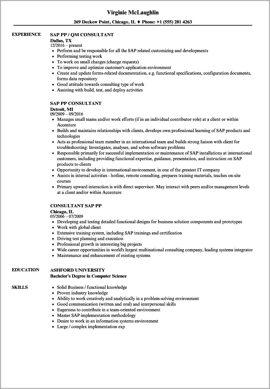 Sap Mm Consultant Fresher Resume Sample