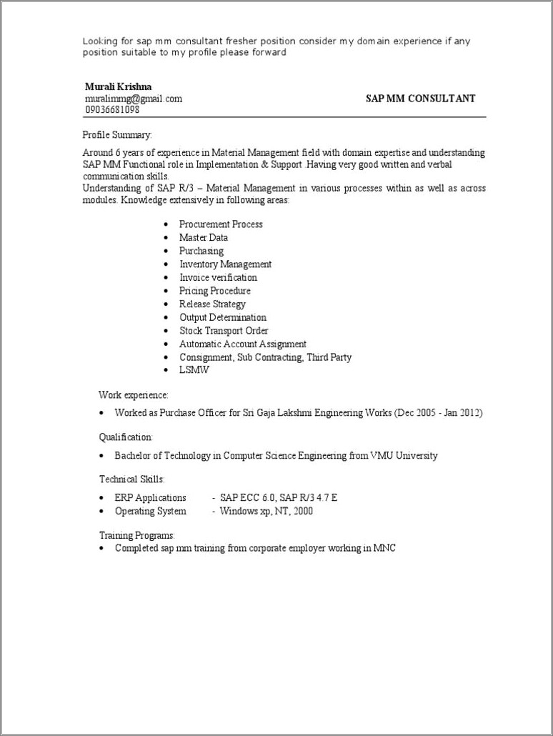 Sap Mm Resume 6 Years Experience