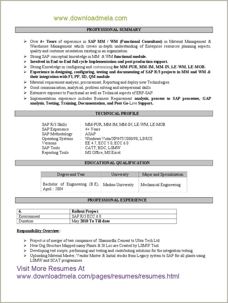 Sap Mm Resume For 2 Years Experience Pdf